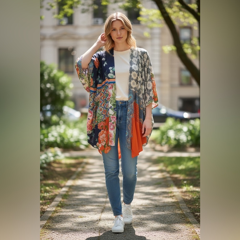 AKEMI + KIN Vibrant Floral Patchwork Women's Kimono Top, onesize